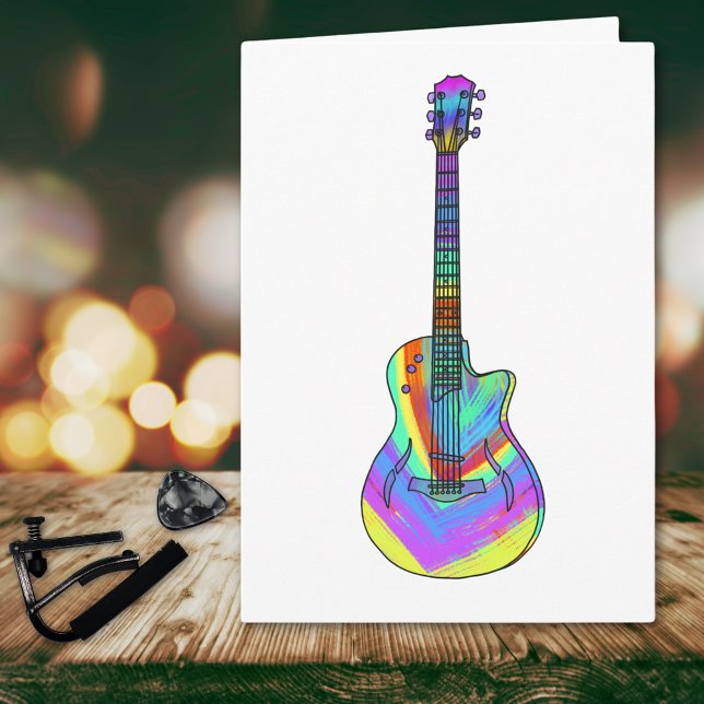 Psychedelic Art Semi Acoustic guitar teenage boy Card (Funky psychedelic guitar birthday greetings card)