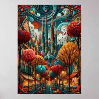 Psychedelic Barcelona Sagrada Familia Cityscape Poster