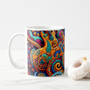 Psychedelic Batik Guitar Art–Colorful Retro Music Coffee Mug