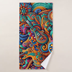 Psychedelic Batik Guitar Art–Colourful Retro Music Bath Towel Set