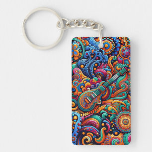 Psychedelic Batik Guitar Art–Colourful Retro Music Key Ring
