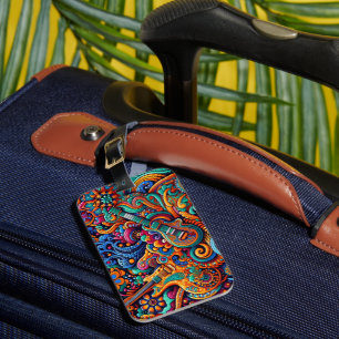 Psychedelic Batik Guitar Art–Colourful Retro Music Luggage Tag