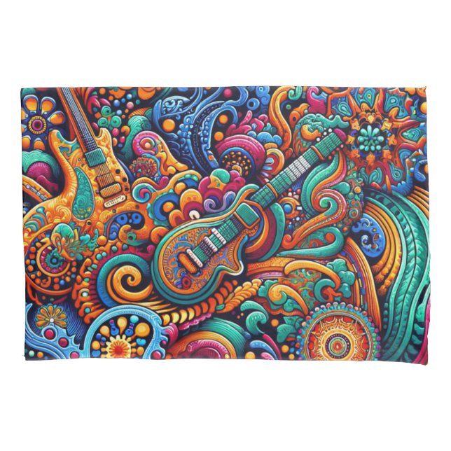 Psychedelic Batik Guitar Art–Colourful Retro Music Pillowcase (Front)