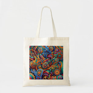 Psychedelic Batik Guitar Art–Colourful Retro Music Tote Bag