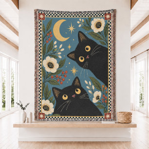 Psychedelic Black Cat Woven Throw Blanket