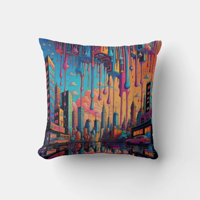 Psychedelic Blue Orange Drippy City  Cushion (Front)