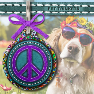 Psychedelic Blue Purple Leather Peace Pet Tag
