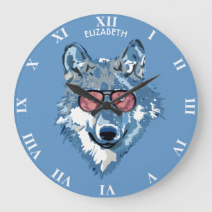 Psychedelic Blue Wolf With Pink Sunglasses Cool Large Clock