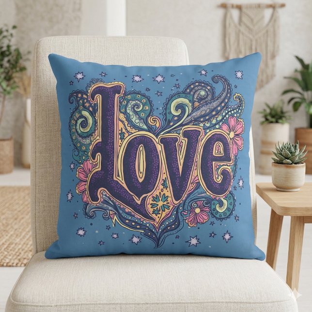 Psychedelic Boho Love Lettering with Floral Accent Cushion (Psychedelic Boho Love Lettering with Floral Throw Pillow Mockup A)