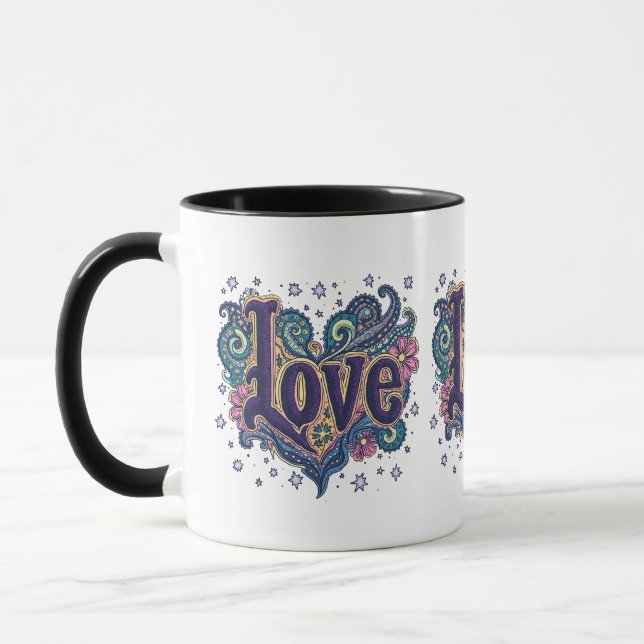 Psychedelic Boho Love Lettering with Floral Accent Mug (Left)