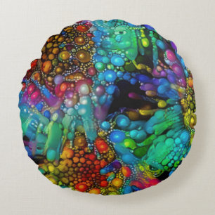 Psychedelic Bubble Burst Abstract Daisies  Round Cushion