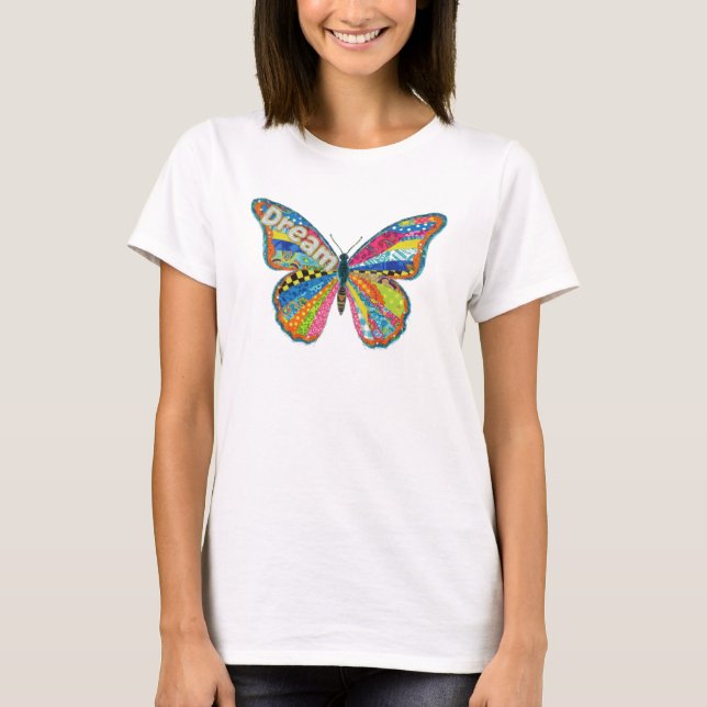 Psychedelic Butterfly Dream - Retro Fabric Collage T-Shirt (Front)
