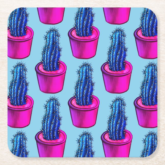 Psychedelic Cactus - Trippy Plant Lover Art Square Paper Coaster (Front)