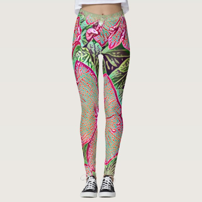 Psychedelic Caladium Leaf Botanical Print Leggings (Front)