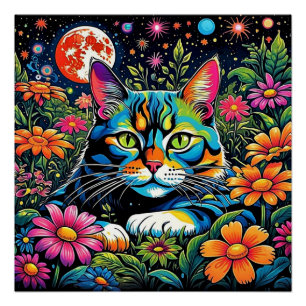 Psychedelic Cat among flowers Poster