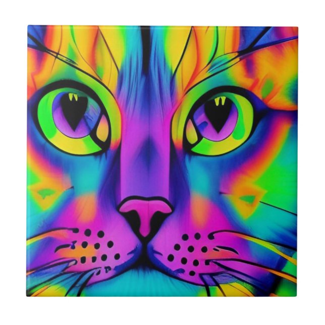 Psychedelic cat colourful purple fuschia green tile (Front)