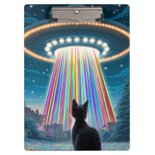 Psychedelic Cat & UFO Funny Alien Abduction Art Clipboard