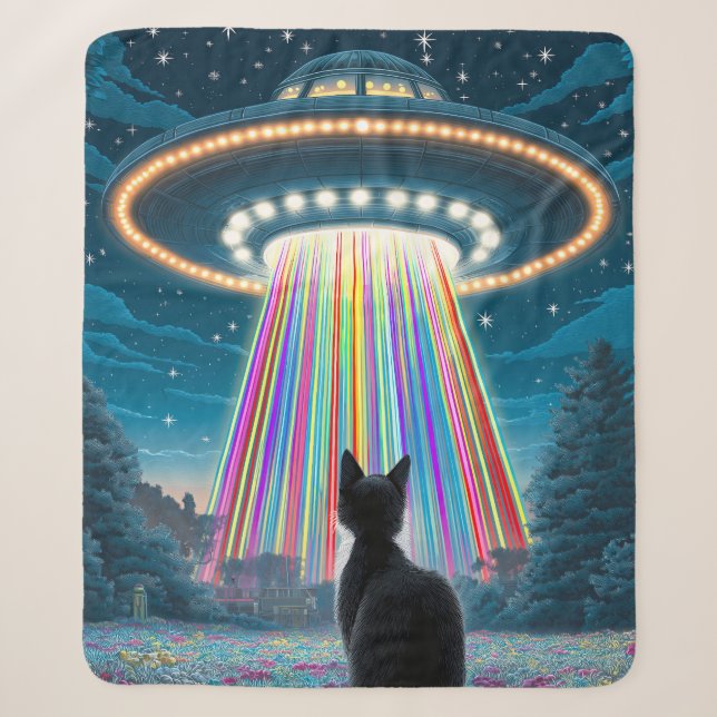 Psychedelic Cat & UFO | Funny Alien Abduction Art Sherpa Blanket (Front)