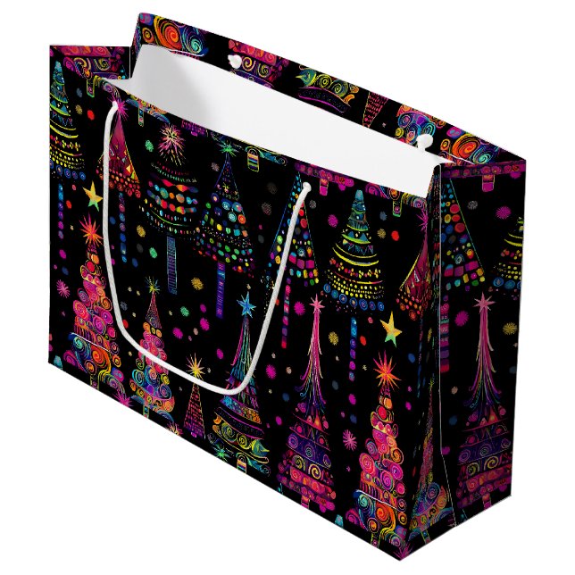Psychedelic Christmas Trees on Black Large Gift Bag (Front Angled)