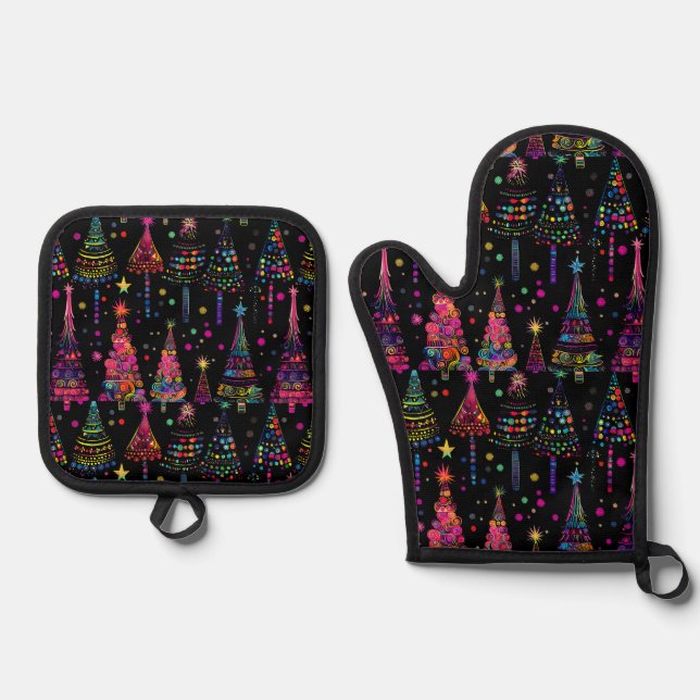 Psychedelic Christmas Trees on Black Oven Mitt & Pot Holder Set (Front)