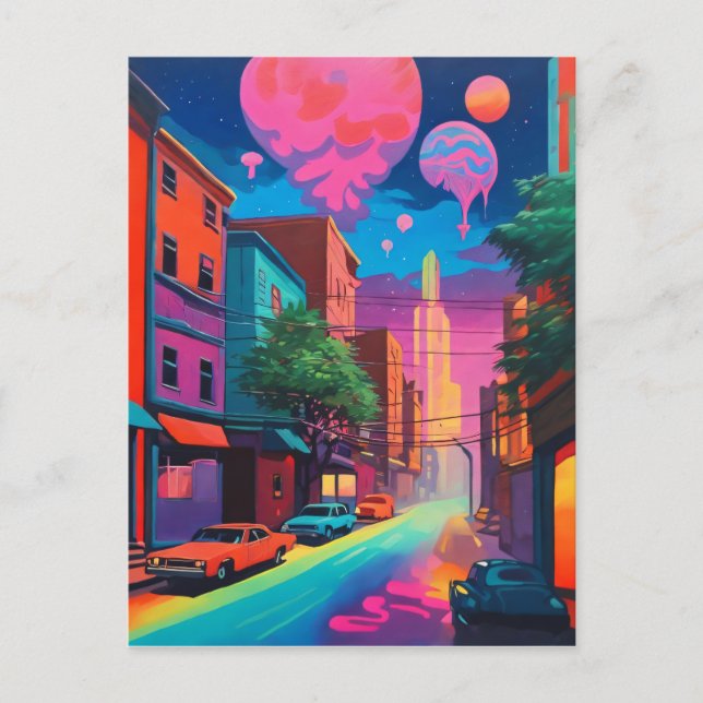 Psychedelic Colorful City Drippy Art Postcard (Front)