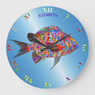 Psychedelic Colorful Exotic Abstract Fish Drawing Large Clock