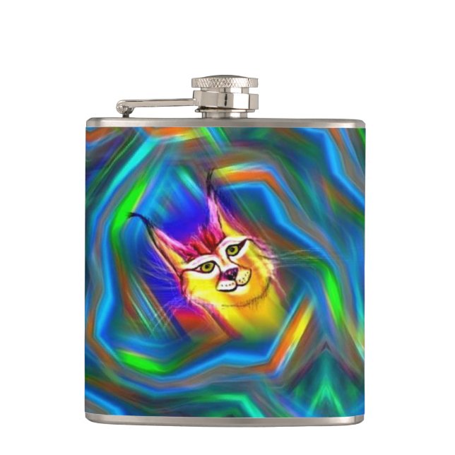 Psychedelic Colour Flow Lynx Portrait Hip Flask (Front)