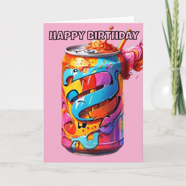 psychedelic coloured soda can birthday card (Front)