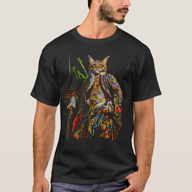 Psychedelic Colourful Abstract Fantasy Cat T-Shirt (Front)
