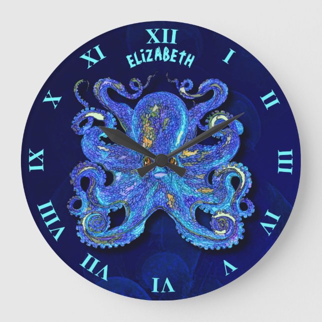 Psychedelic Colourful Blue Octopus With Brown Eyes Large Clock (Front)