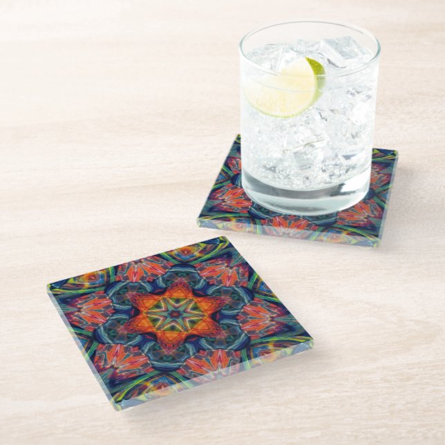 Psychedelic Colourful Kaleidoscope Pattern Glass Coaster (Angled)