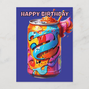 psychedelic colourful soda can birthday postcard