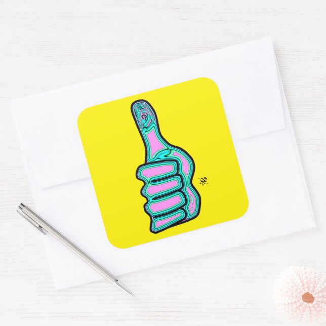 Psychedelic colourful thumbs up v2 square sticker (Envelope)
