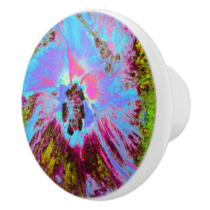 Psychedelic Cornflower Blue and Magenta Hibiscus Ceramic Knob