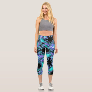 Psychedelic Cyan Tentacle Abstract Fractal Art Capri Leggings