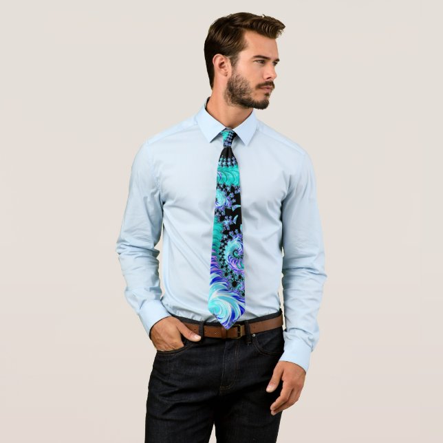 Psychedelic Cyan Tentacle Abstract Fractal Art Tie (In Situ)