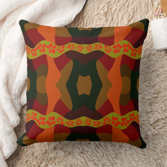 Psychedelic Daisy Chain Patchwork Brown Olive Red Cushion (Blanket)