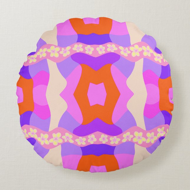 Psychedelic Daisy Chain Patchwork - Pink Purple 2 Round Cushion (Front)