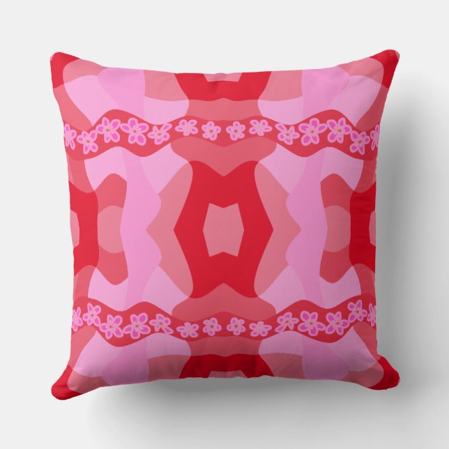 Psychedelic Daisy Chain Patchwork - Pink Red Cushion (Back)