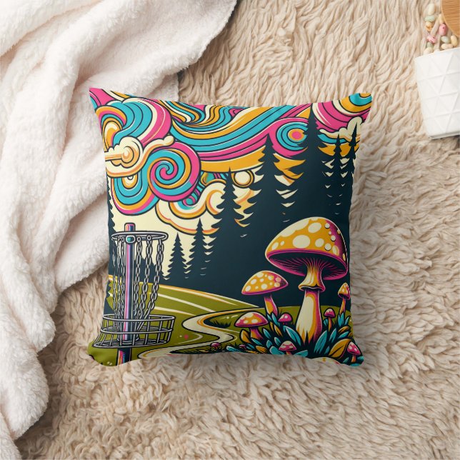 Psychedelic Disc Golf Basket and Retro Mushrooms Cushion (Blanket)