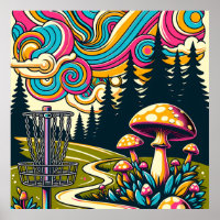 Psychedelic Disc Golf Basket and Retro Mushrooms