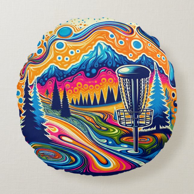Psychedelic Disc Golf Course in the Mountains Round Cushion (Front)