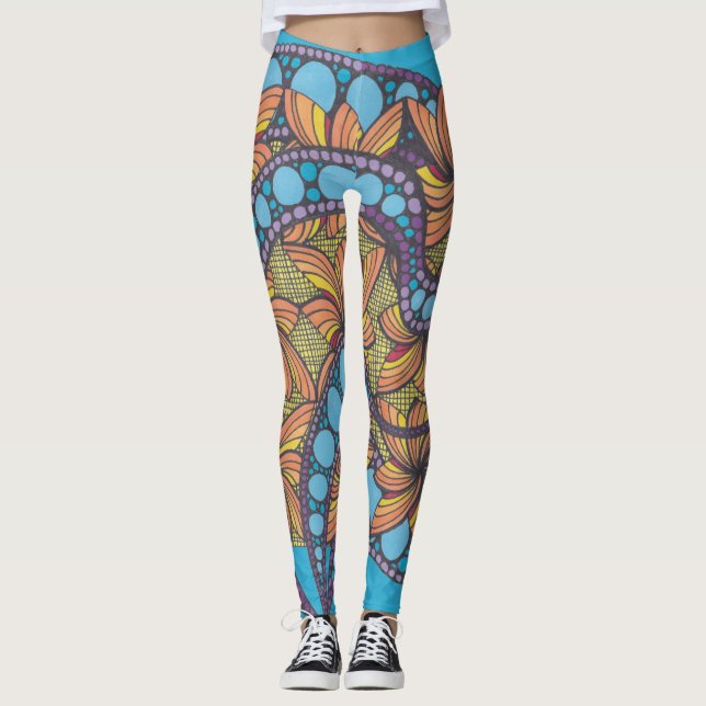 Psychedelic, doodle art, boho, abstract design leggings (Front)