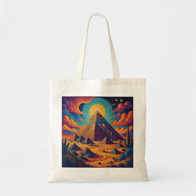 Psychedelic Egyptian Pyramid Landscape Art Tote Bag (Front)