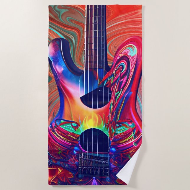 Psychedelic Electric Acoustic Semi Guitars Art    Beach Towel (Front)