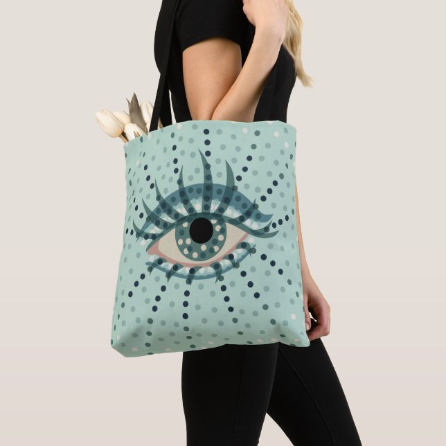 Psychedelic Eye Blue Dots Abstract Weird Art Tote Bag (Close Up)