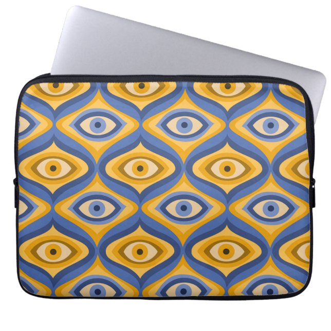 Psychedelic eye pattern indigo blue yellow laptop sleeve (Front)