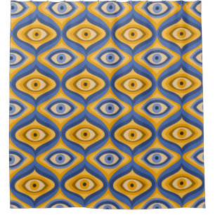 Psychedelic eye pattern indigo blue yellow shower curtain
