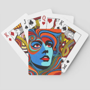 Psychedelic face of a woman playing cards
