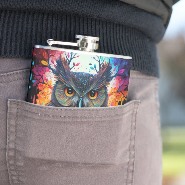 Psychedelic Fantasy Hippy Owl Hip Flask (In Situ)